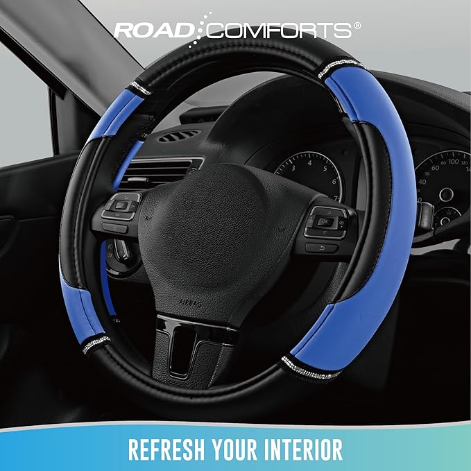 Road Comforts Leather Steering Wheel Cover - Made with PVC Leather - Anti-Slip, Universal Fit 14 1/2 inches to 15 inches - Blue