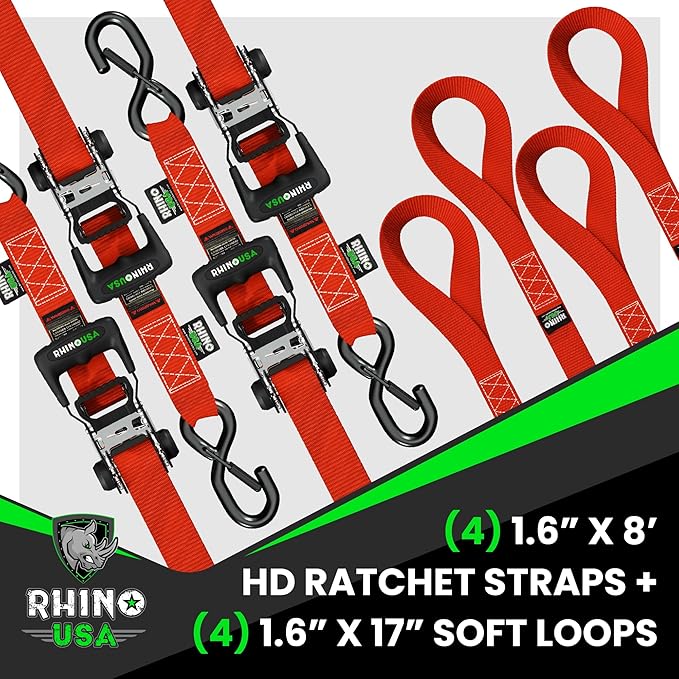 Rhino USA Ratchet Straps Heavy Duty Kit (4-Pack) - 1.6 Inch x 8 Feet Min Break Strength (5,000) - Ultimate Tie Down Straps with Safety S Hooks for Trucks, ATV, UTV, Motorcycle, Cargo & More - Blue