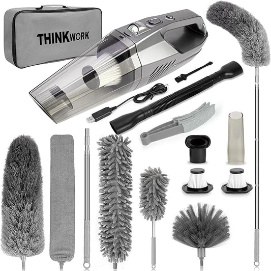 THINKWORK Car Cleaning Kit, Car Interior Detailing Kit with High Power Handheld Vacuum Cordless, Microfiber Duster for Cleaning Ceiling Fan Home, Complete Auto Accessories for Men, Women Gift