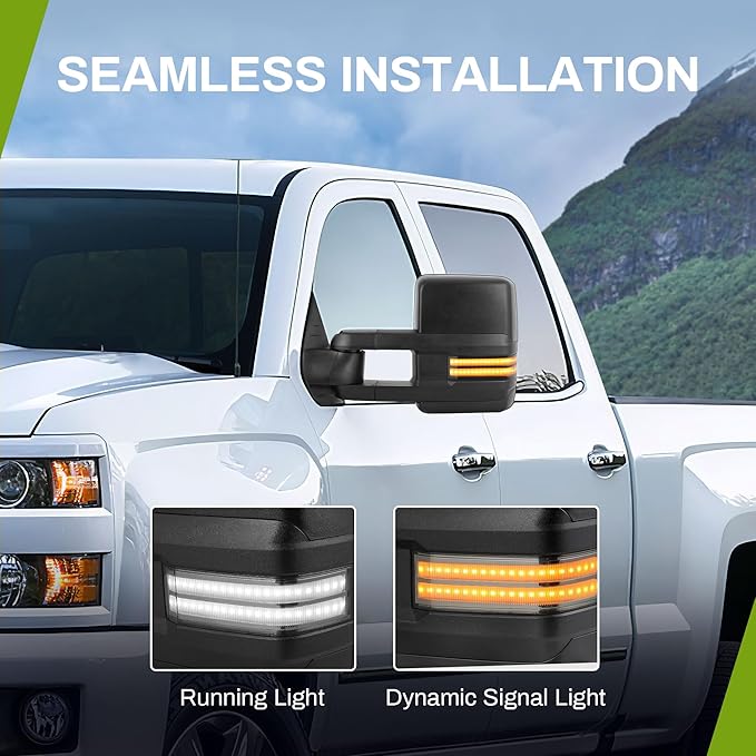 AUTOSAVER88 Towing Mirror Compatible with 2007-2014 Silverado Sierra 1500 2500 3500 HD/Avalanche/Suburban, Power Heated Switchback LED Turn Signal Light (Black inside) Manual Telescoping Folding