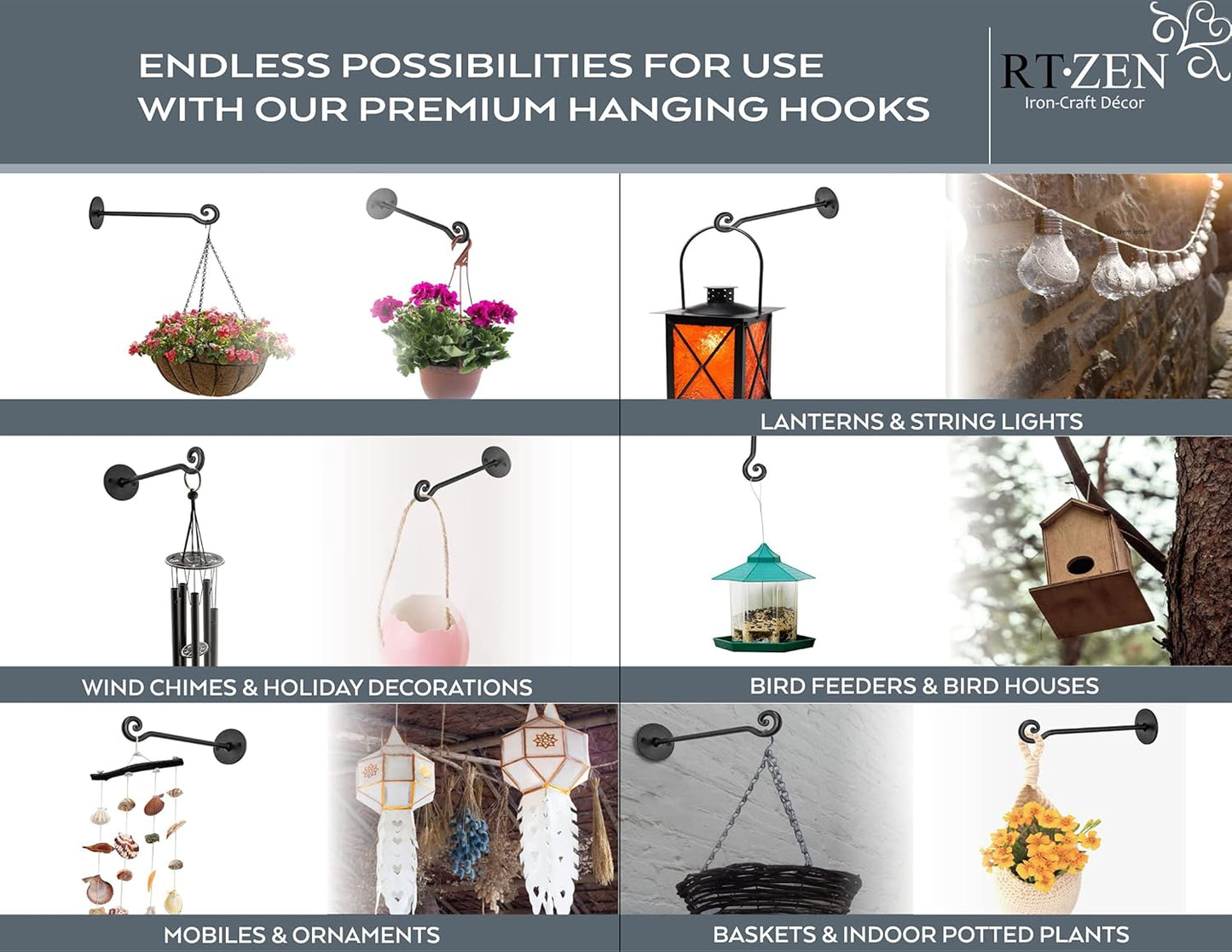 RTZEN Plant Hangers Outdoor or Indoor - Wrought Iron Metal Hanger Indoor Hook - Heavy Duty Wall Bracket Hooks for Hanging Plants Baskets Lanterns Wind Chimes - 2 Pack (Black Swirl Hooks)