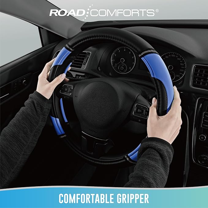 Road Comforts Leather Steering Wheel Cover - Made with PVC Leather - Anti-Slip, Universal Fit 14 1/2 inches to 15 inches - Blue