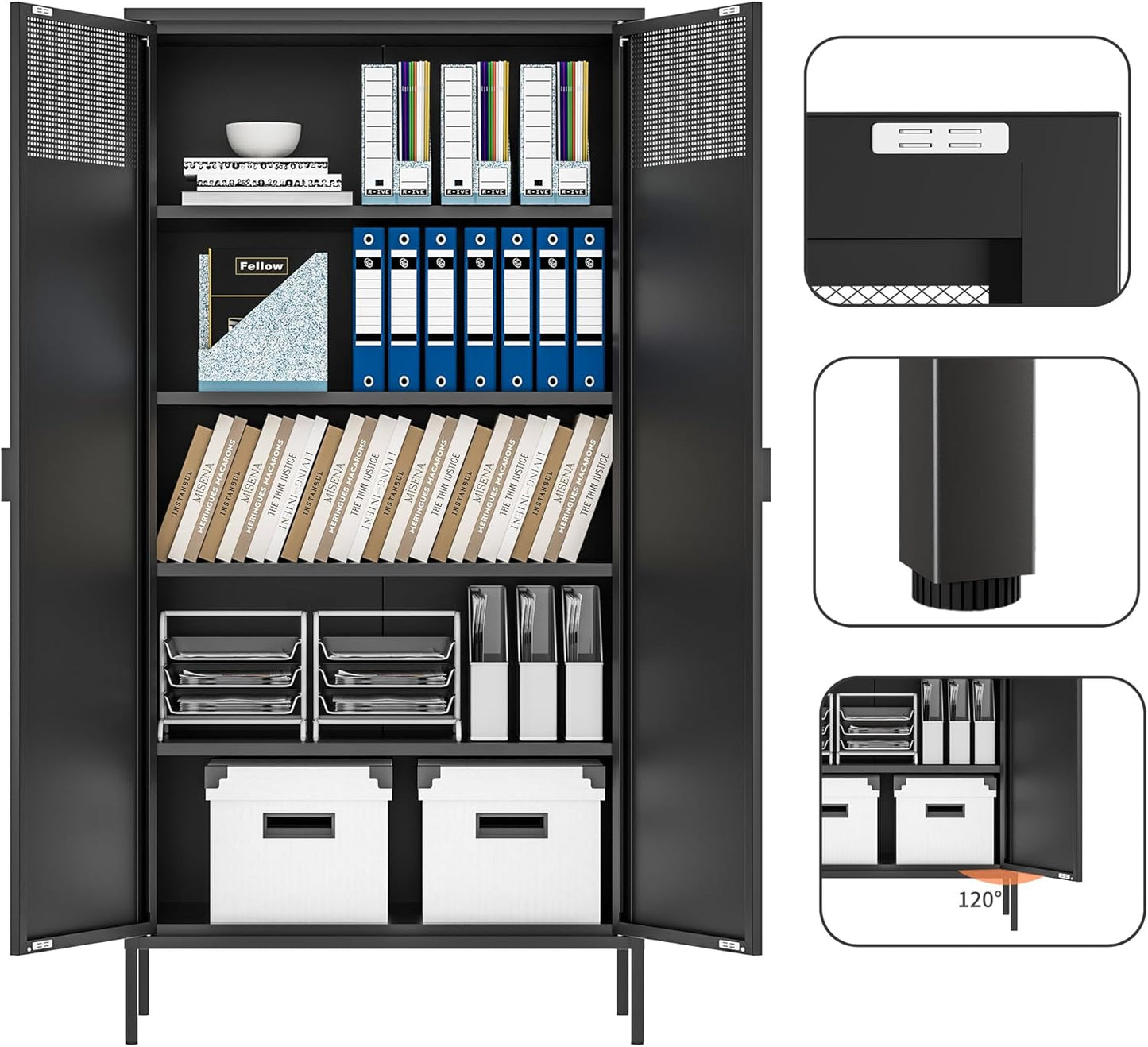 Metal Storage Cabinets with 4 Adjustable Shelves，Black Metal File Cabinet, 71'' Steel Storage for Home & Office, School,Kitchen Pantry,Tool Cabinet，Garage, Black