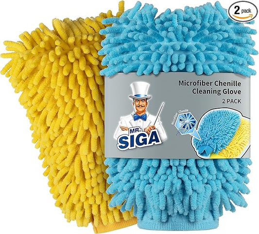 MR.SIGA Premium Microfiber Soft Chenille Car Wash Mitt, Pack of 2, Blue & Yellow