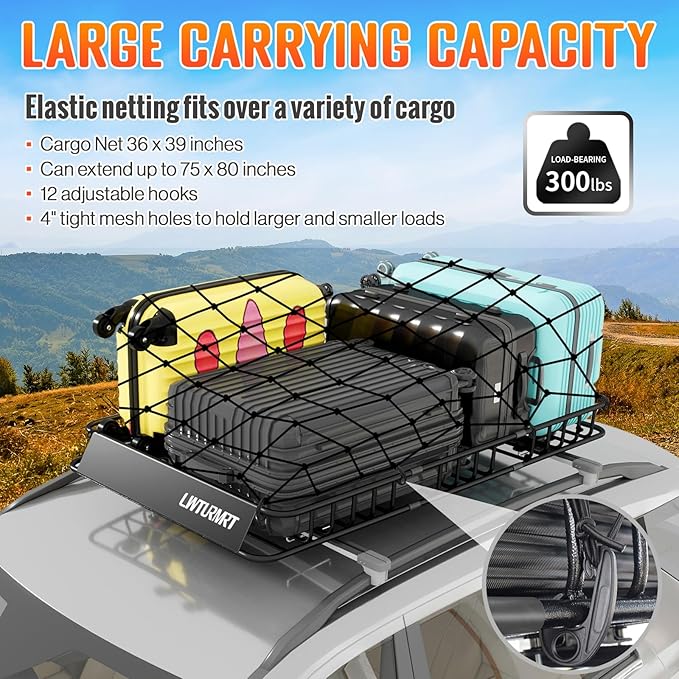 64 x 39 Inch Universal 300LB Heavy Duty Roof Rack Cargo with Cargo Net, Car Top Luggage Holder Carrier Basket for SUV,Truck or RV Camping Storage Steel Construction