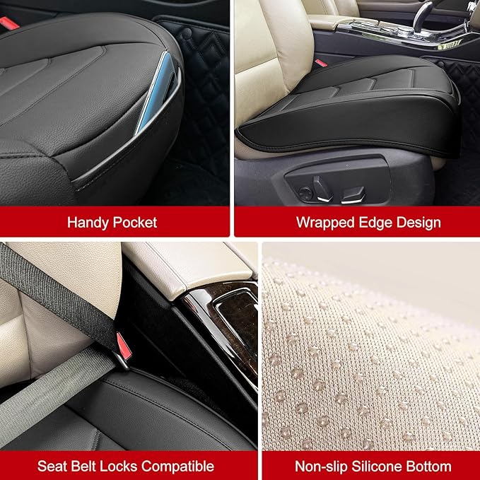 Car Seat Cover for Luxury & Comfort - PU Leather, Anti-Slip, Full Wrap Protection with Storage Pocket for Bottom Cushion - Universal Fit for 95% of Vehicles (Black,1 Piece)