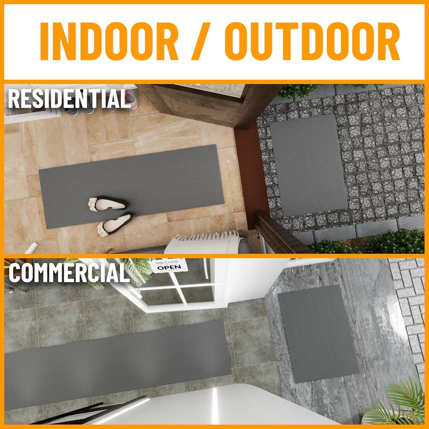 Ottomanson 2' x 11' Hallway Runner with Scraper Pile Extra Durable Non-Slip Rug Mat for Indoor & Outdoor Use - Ideal for Kitchen, Entryway, Patio & Garage - High-Traffic Carpet, Gray