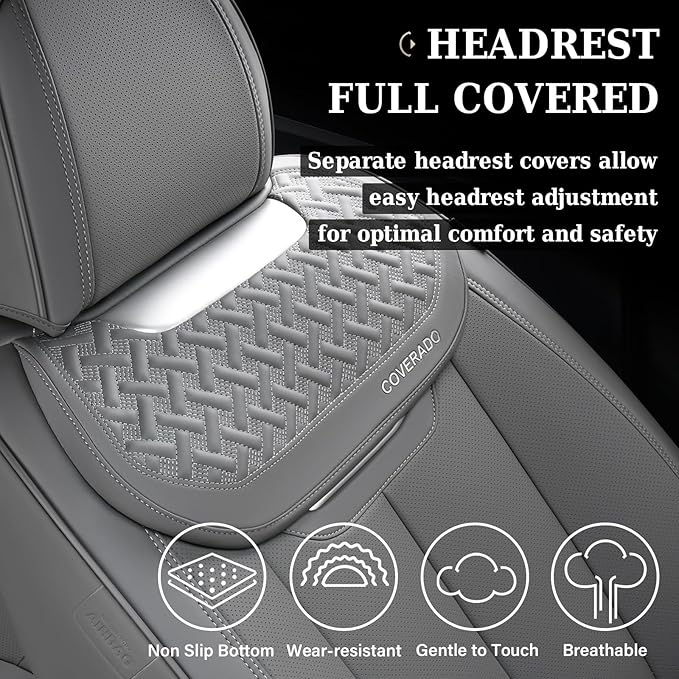 Coverado Car Seat Covers Full Set, Luxury Leather Car Seat Cover, Front and Back Seat Covers for Cars, Waterproof Car Seat Protector, Automotive Seat Covers Universal Fit Most Cars(Gray)