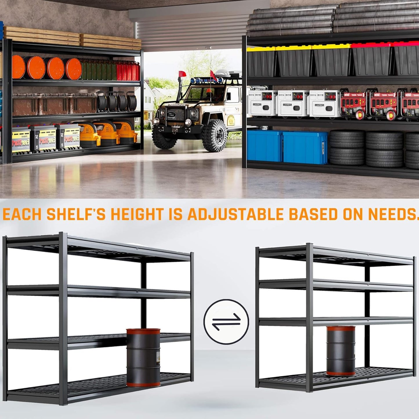 72" W Storage Shelves Heavy Duty Garage Shelving 30" D Metal Shelving Unit, 4 Tier Adjustable Shelves, 5000LBS Steel Industrial Shelving for Basement Warehouse Commercial, 72" W*30" D*72”H