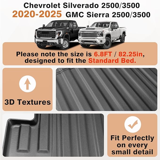 TripleAliners Truck Bed Mat Compatible with 2020-2025 2026 Chevy Silverado/GMC Sierra 2500 3500HD Accessories 6.8FT Liner All-Weather Protection TPE Heavy Duty Bed Mat(No for Factory 5th Wheel System)
