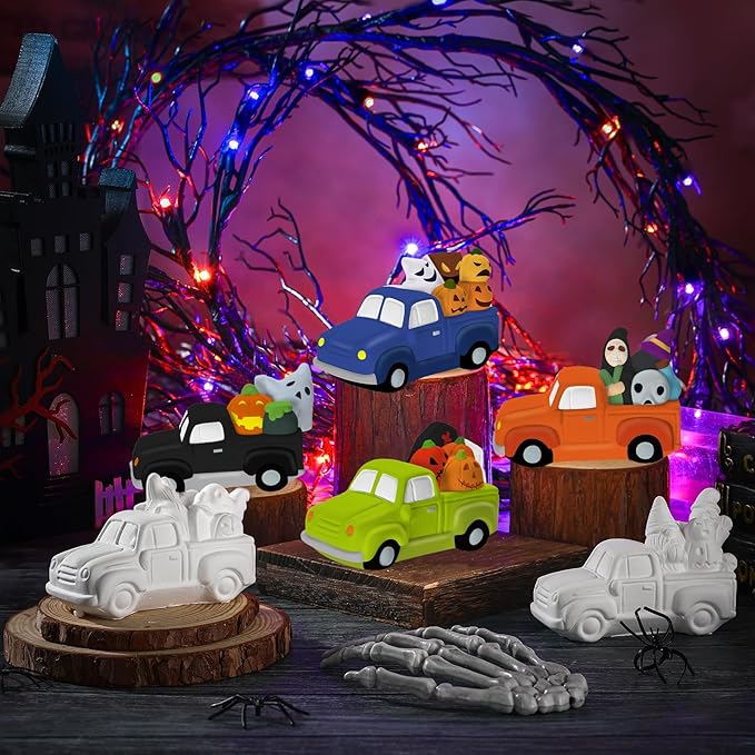 JellyArch 6 Set Halloween DIY Ceramics to Painting Kits 3D Ceramic Truck to Paint Your Own Truck with Pumpkins Ghost Cross Statues Unpainted Plaster Crafts with Brush Paint Bag for Adult