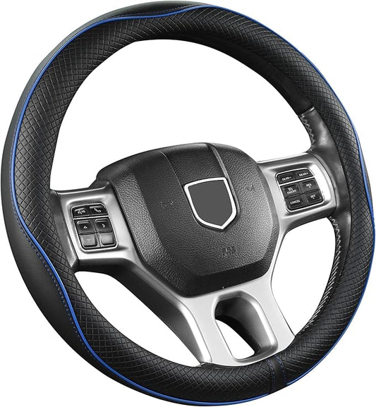 West Llama Customized Auto Car Steering Wheel Cover for Dodge RAM 1500 2500 3500, 15.5-16 inch (Black+Blue Line-Large Size)