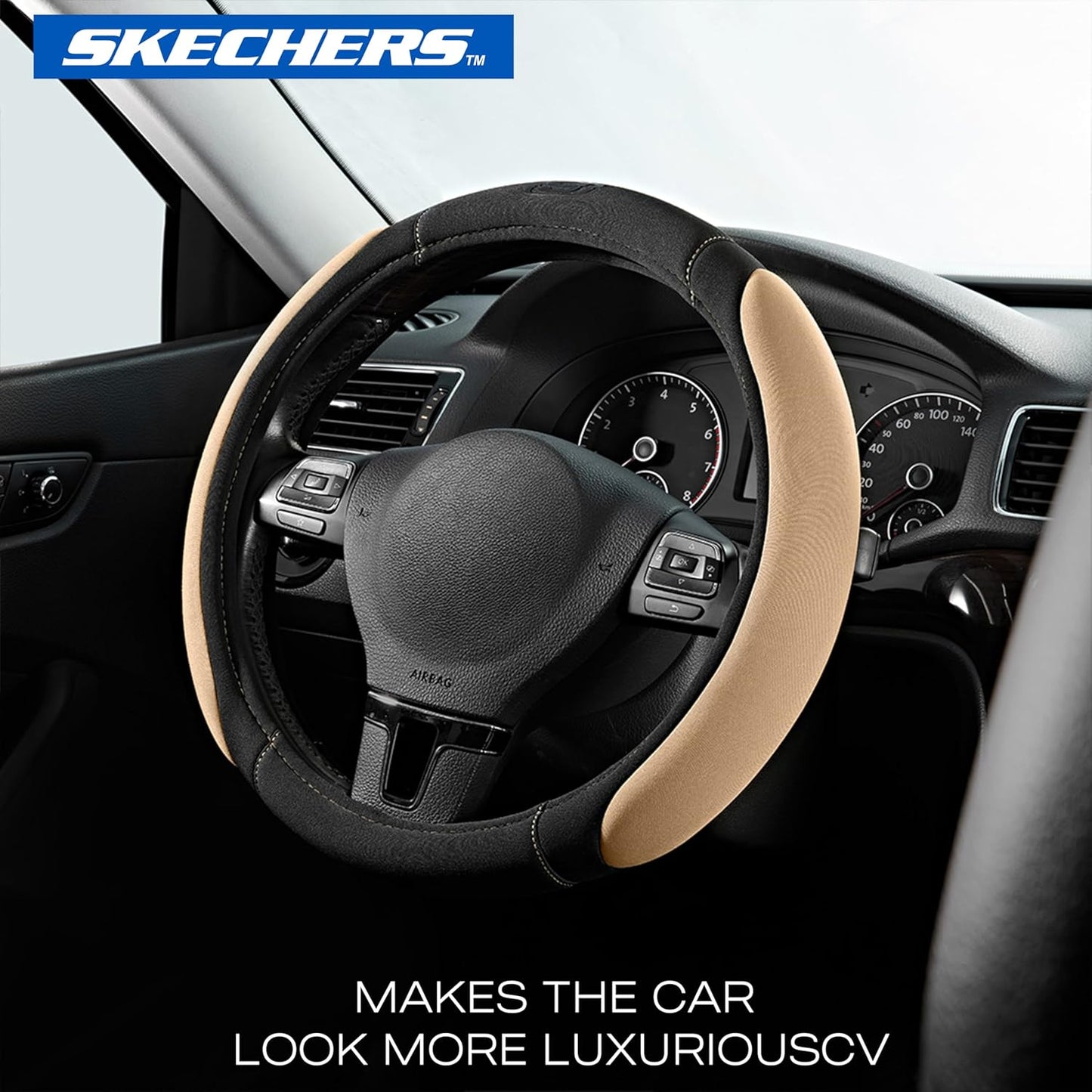 Skechers Steering Wheel Cover,Memory Foam Car Steering Wheel Cover,14.5-15inch Anti-Slip Safety Comfortable Desgin, Universal Accessory for Diverse Cars, Truck,SUV (Black & Beige)