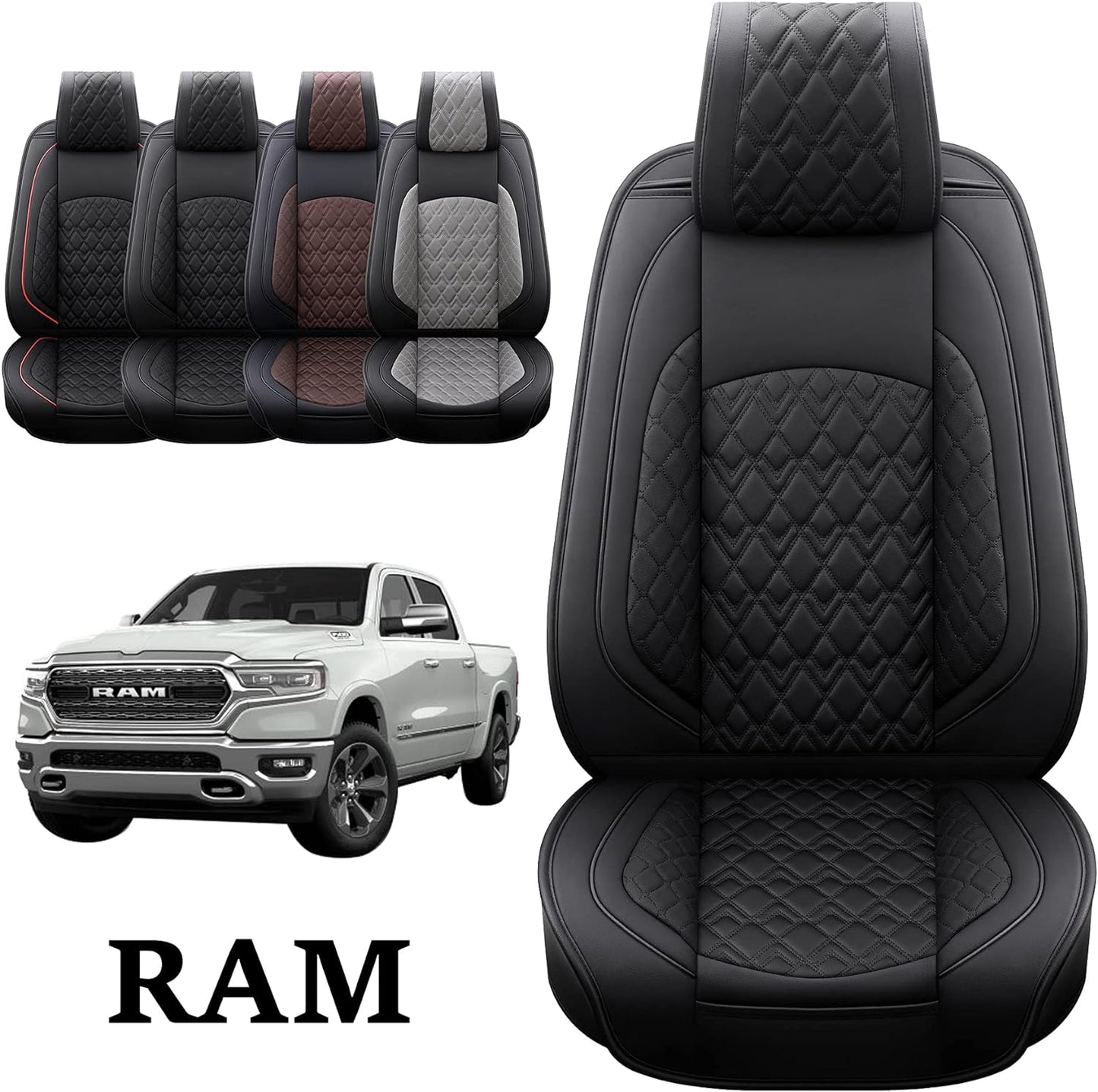 JOJOBAY Car Seat Covers for Dodge Ram 2 Pcs Front,Fit Ram 2009-2025 1500/2500/3500 Pick-up Truck,Crew,Regular,Quad,Mega Cab,Waterproof Leather Automotive Seat Covers 2 PCS Front,Black