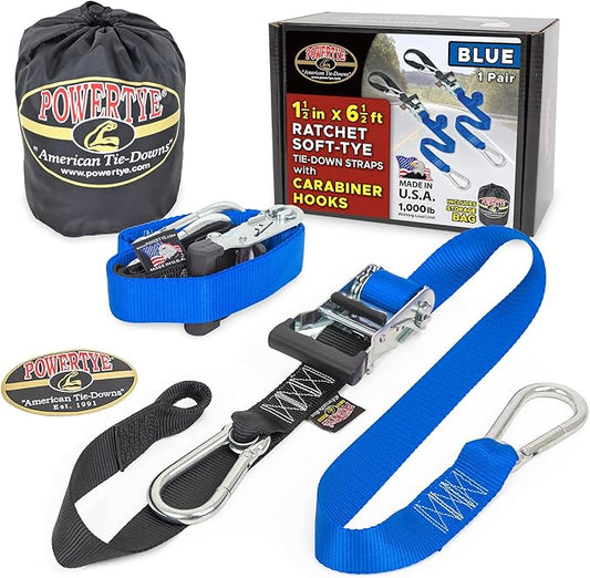 PowerTye 1.5in x 6.5ft Heavy Duty Ratchet Tie-Down Straps with Soft-Tye, Carabiner Hooks - 1,000 lb Working Load Limit / 3,000 lb Breaking Strength - Made in USA - Blue/Black Pair + Storage Bag