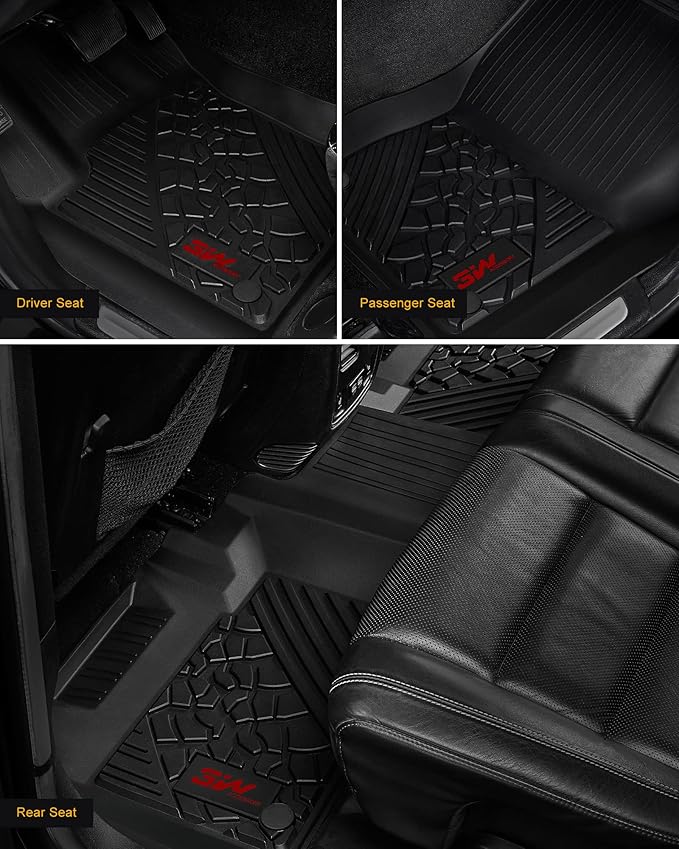 3W Floor Mats Compatible for Jeep Gladiator 2020-2024 2025, Custom Fit TPE All Floor Liner for Weather Jeep Gladiator,1st & 2nd Row Full Set Car Liners with Red Logo,Black