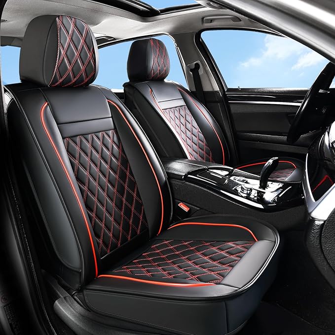 Huidasource Car Seat Covers for Front Seat, Car Seat Cushion Waterproof, Full-Cover Faux Leather Car Seat Cover Protector Universal Fit for Most Cars,Vans,Trucks, SUVs (Front Pair/Black&Red)