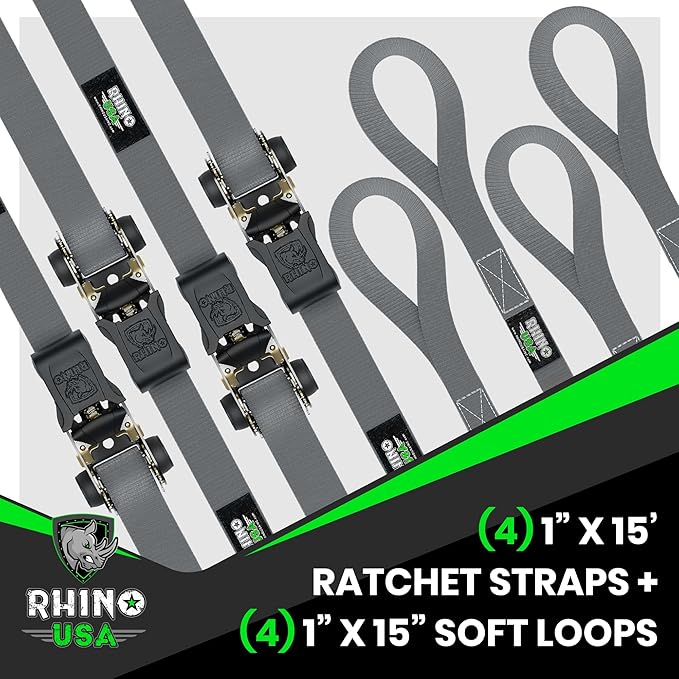 Rhino USA Ratchet Straps Tie Downs (4-Pack) - 1 Inch x 15 Feet (1,823lb Break Strength) - Ultimate Tie Down Straps with Safety S Hooks - for Trucks, Cargo, Moving, Appliances - Grey