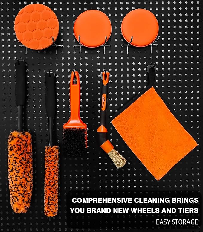YeewayVeh 5PCS Car Wheel Cleaning Kit, 2-Size Bendable Wheel Brush Set, Scratch-Free Rim Cleaner Brush, Tire Brush and Car Detailing Brush with Microfiber Towel for All Wheel Types