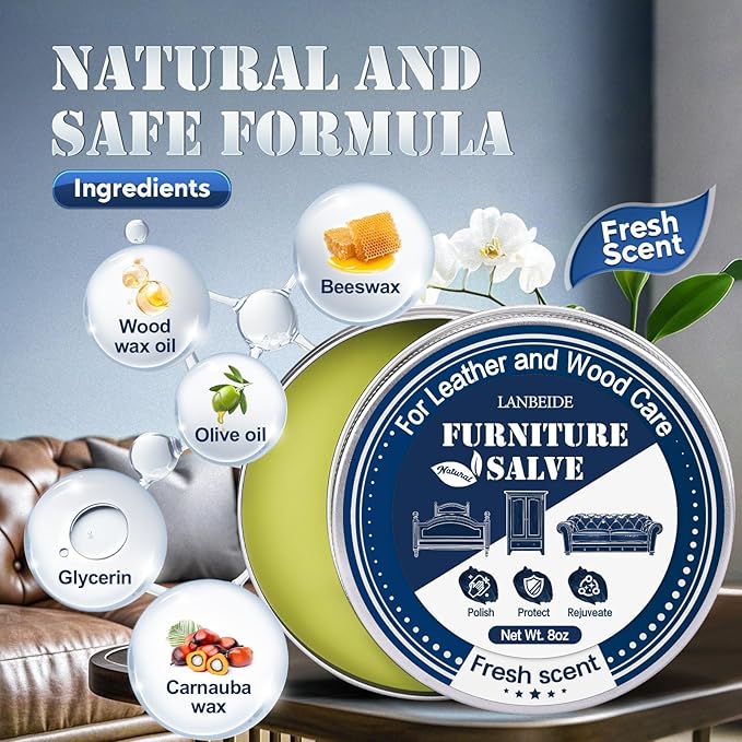 LANBEIDE Furniture Salve with Brush for Leather Wood, Polisher and Conditioner for Leather Couch and Furniture-Repair Salve 4OZ with Brush and Towel