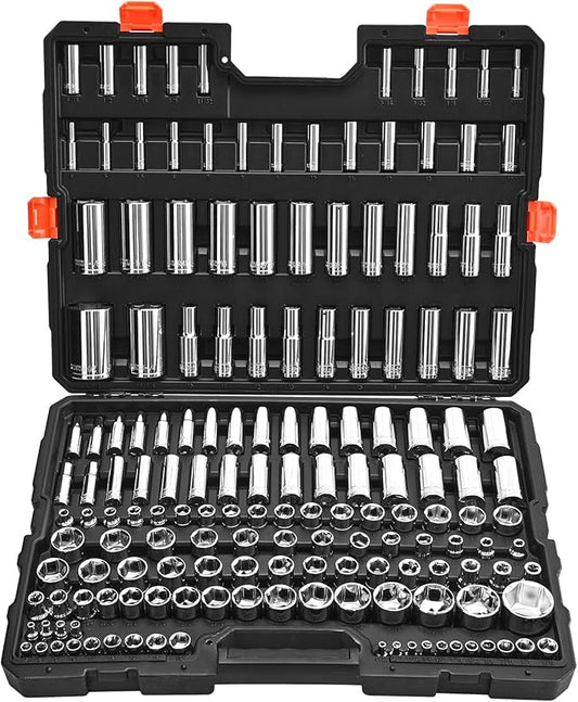VEVOR Socket Set, 163 Pieces, 3/8 & 1/4 & 1/2 inch Drive Socket Tool Set, SAE and Metric, Deep and Standard, Mechanic Tool Kit with Storage Case, Chrome Plated CR-V Alloy Steel, for Automotive Repair