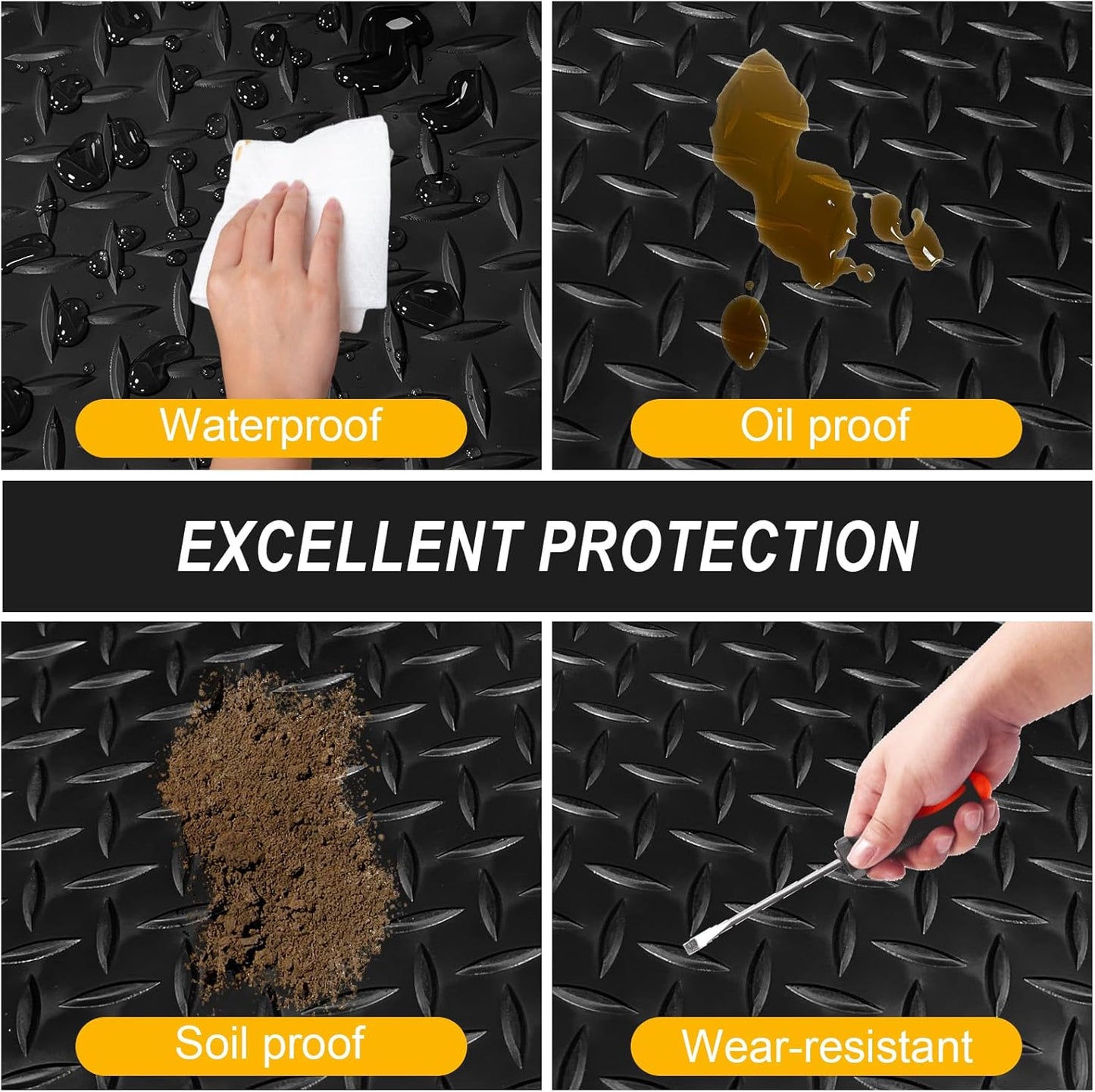 7.5x18 FT Garage Floor Mat, Flooring Roll with 20Pcs Tapes, 135 sqft Diamond Plate PVC Rubber Trailer Mat, Non-Slip Floor Mat for Garage, Warehouse, Gyms, Trailer, Pickup Truck (Black)