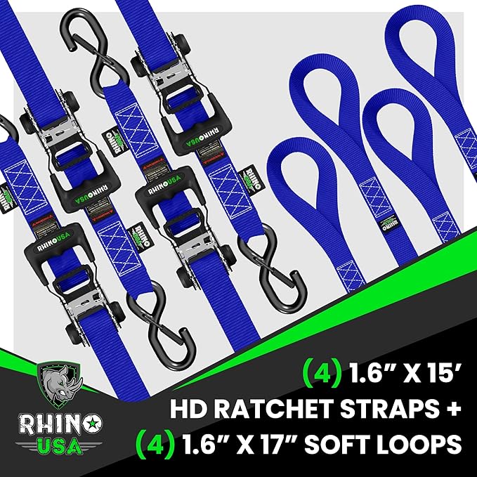 Rhino USA Ratchet Straps Heavy Duty Kit (4-Pack) - 1.6 Inch x 15 Feet Min Break Strength (5,000) - Ultimate Tie Down Straps with Safety S Hooks for Trucks, ATV, UTV, Motorcycle, Cargo & More - Red