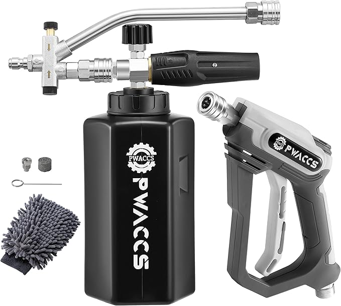 PWACCS Pressure Washer Foam Gun with Dual Connector Accessory, Short Power Washer Gun Foam Cannon and Double Tip Attachment Car Wash Kit, 1/4" Quick Connector, M22 Male Inlet, 4000 PSI, 1.5 Liter