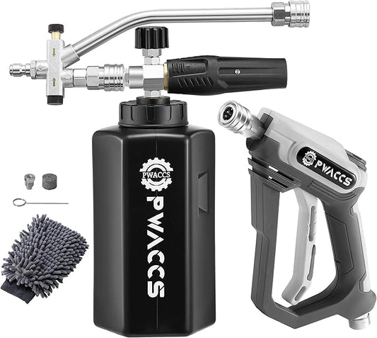 PWACCS Pressure Washer Foam Gun with Dual Connector Accessory, Short Power Washer Gun Foam Cannon and Double Tip Attachment Car Wash Kit, 1/4" Quick Connector, M22 Male Inlet, 4000 PSI, 1.5 Liter