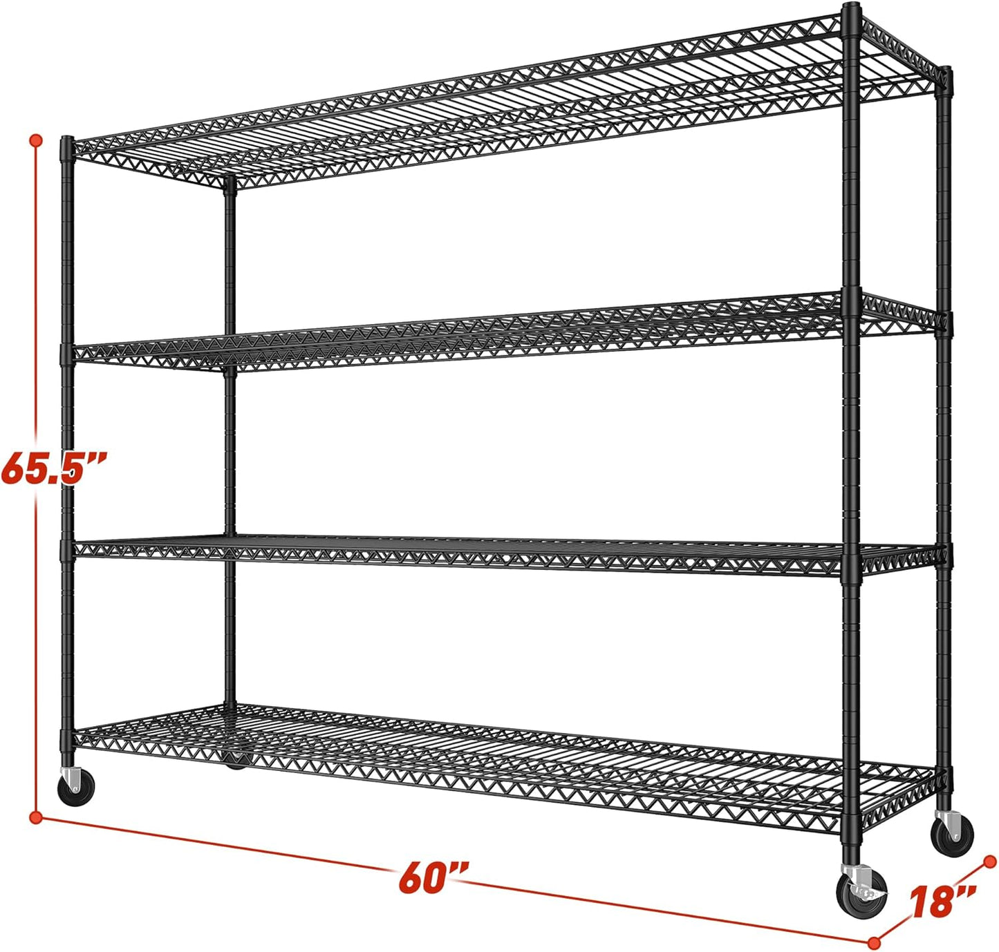 REIBII 60''W Storage Shelves 2399LBS Garage Shelving Heavy Duty with Wheels & Feet, 4 Tier Wire Shelving Adjustable Metal Shelving for Pantry Garage Kitchen Commercial Industrail, 60"W x 18"D x 65.5"H
