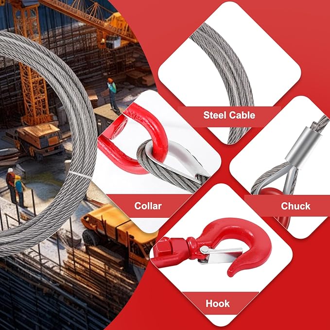Steel Winch Cable,3/8" x 75' Wire Rope with Swivel Hook,17637 Lbs Breaking Strength,6x19 Strand Core Steel Towing Cable for Tow Truck,Crane,Wrecker