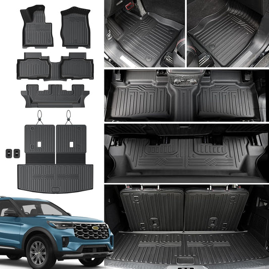 Floor Mats for 2020-2024 2025 Ford Explorer 7 Seats Bench Seat Car Mat Accessories, All Weather TPE Cargo Mat Backrest Mats Active/Platinum(7 Seat Floor Mats+2-in-1 Cargo Mat)