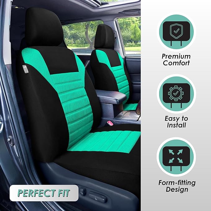 FH Group Automotive Car Seat Covers Full Set Premium 3D Air Mesh Front Seat Covers, Airbag Compatible & Split Bench Cover Universal Fit Interior Accessories for Cars Trucks and SUVs - Mint