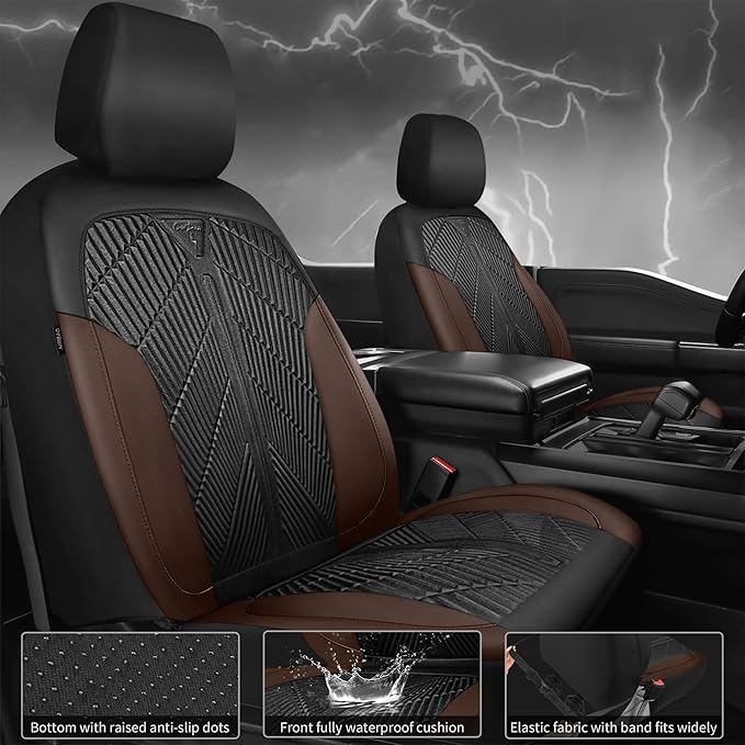 CAR PASS Waterproof Black Brown Car Seat Covers Front Seat Covers Neoprene Wetsuit,All-Weather Non-Slip Durable,Universal Fit for SUV Sedans Trucks Automotive,Airbag Compatible,3D Emboss Black Brown