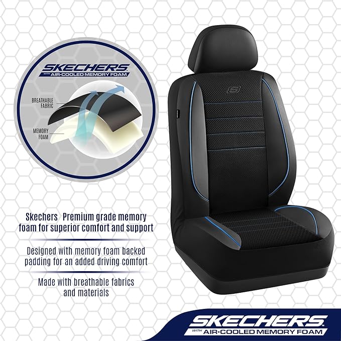 Skechers Air-Cooled Memory Foam Seat Covers,Mesh Thick Car Seat Covers,Piping Leather Car Seat Cover,Airbag Compatible,Automotive Comfort for Most Cars, Vans, Trucks, SUV(Blue,Full Set)