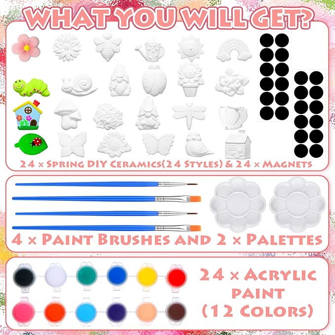 Simgoing 24 Sets Spring Theme Arts and Crafts Set Ceramic Painting Kit Unpainted Paintable Ceramics with 24 Magnet 2 Palette and 4 Brushes, Paint Your Own DIY Figurines
