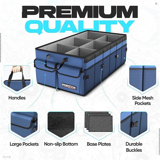 FORTEM Trunk Organizer For SUV Car Trunk Organizer, Foldable Storage, Car Accessories for Women Men, Collapsible Multi Compartment, 600D Oxford, Non Slip Bottom, Securing Straps, Soft Cover (85L)