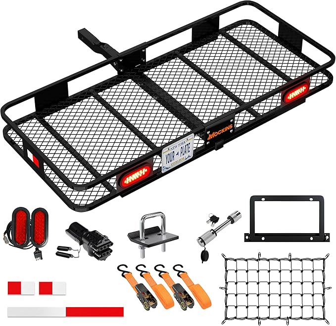 Mockins 60"x20"x6" Folding Trailer Hitch Cargo Carrier w/License Plate Holder, Rear Lights & More | 500Lbs. Cap Cargo Carrier Hitch Mount Basket | Weatherproof Luggage Rack for SUV, Car, Truck & RV