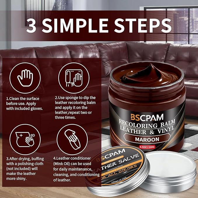 Maroon Leather Recoloring Balm with 100ml Mink Oil,Leather Couch Scratch Remover,Leather Repair kit for Vinyl Furniture and Car Interior,Leather Dye Paint,Mink Oil for Leather