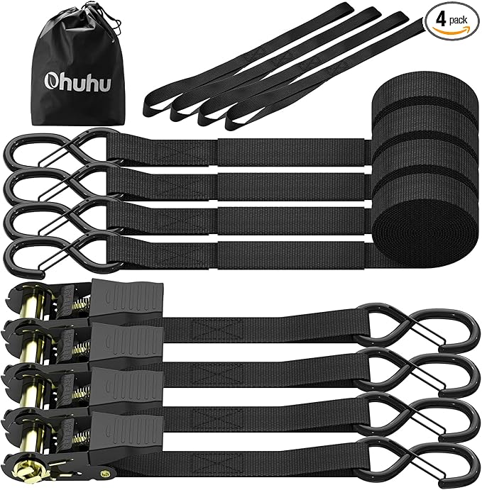 Ratchet Tie Down Straps with Safety Clip 4-Pack 1" x 15' & 4 Soft Loops - 500 lbs Load Cap 1500 lbs Breaking Limit, Ohuhu Ratchet Tie Downs Logistic Cargo Straps for Moving Appliances, Motorcycle