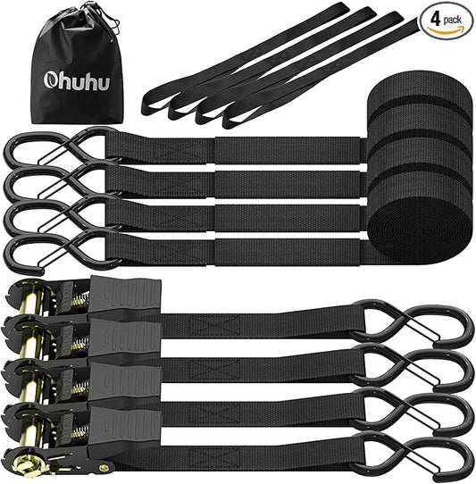 Ratchet Tie Down Straps with Safety Clip 4-Pack 1" x 15' & 4 Soft Loops - 500 lbs Load Cap 1500 lbs Breaking Limit, Ohuhu Ratchet Tie Downs Logistic Cargo Straps for Moving Appliances, Motorcycle
