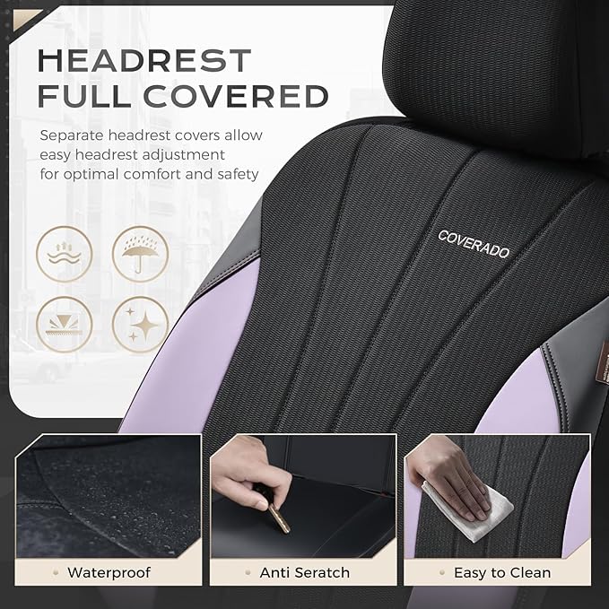 Coverado Car Seat Covers Full Set, Automotive Seat Covers 5-Piece, Leather Car Protectors 5 Seats, Purple Auto Seat Covers Spill-Proof Design Universal Fit for SUV, Vans, Sedan, Truck