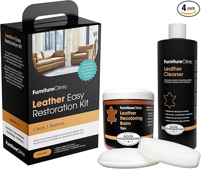 Furniture Clinic Leather Easy Restoration Kit | with Leather Recoloring Balm, Cleaner, Sponge, and Cloth | Leather Repair Kit for Scratched and Faded Furniture (Tan)