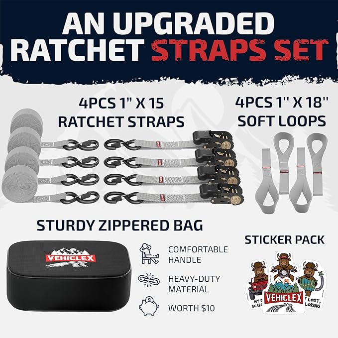 Ratchet Tie-Down Straps Set - (1" x 15', 2200lbs Breaking Strength) - Vehiclex Soft Loops, Coated S-Hooks, Storage Bag for ATV, Motorcycle, Bicycle, Kayak, Cargo Securing, Silver