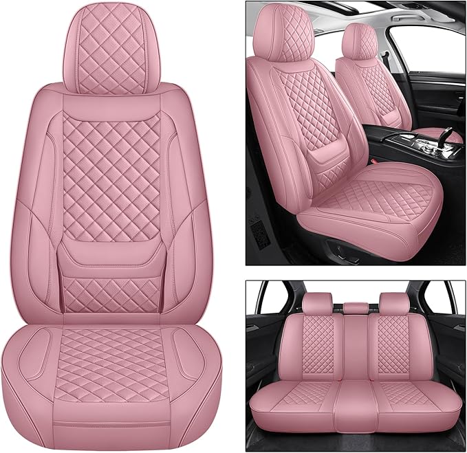 Leather Car Seat Covers Full Set Breathable Automotive Seat Covers Waterproof Seat Protectors Universal Fit for Most Automotive Cars SUV Trucks Van (Pink, Full Set)