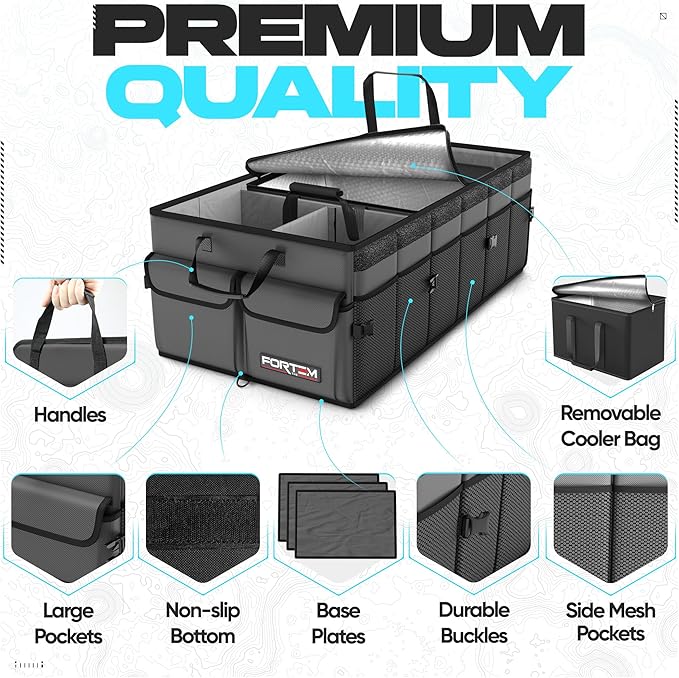 FORTEM Car Trunk Organizer with Cooler, Collapsible Multi Compartment SUV Organizer, Foldable Storage for Car Accessories for Women Men, 600D Oxford, Non Slip Bottom, Securing Straps Soft Cover (105L)