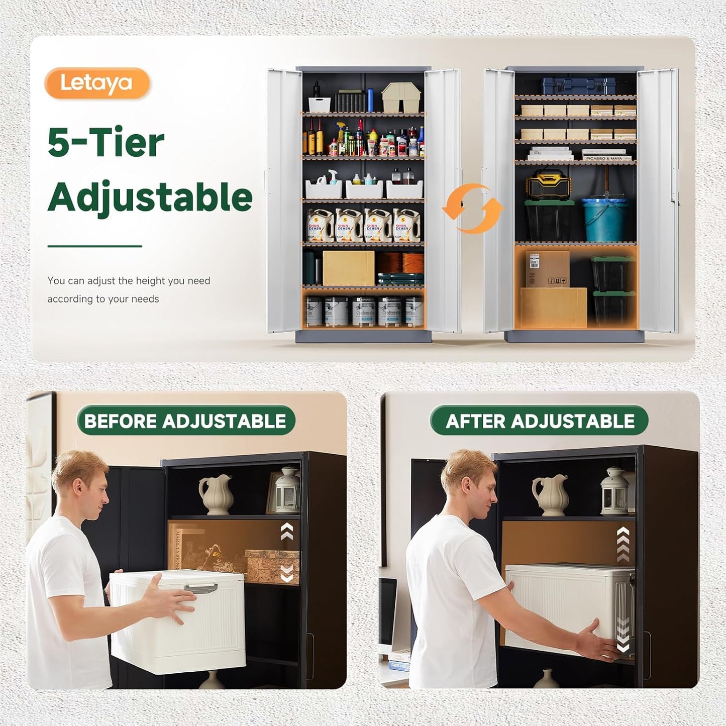 Letaya Metal Storage Cabinet with Lock Door, 71" Adjustable Shelf Steel Lockers for Office, Home,School,Garage Utility Tool Cabinet (2 Door-White&Gray)