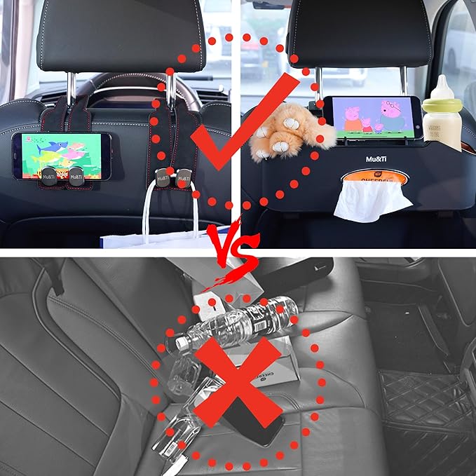 Mu&Ti Multifunctional Car Seat Back Storage Box with 2 Cup Holders, Tissue Box, Hook and Trash Bag- Ideal for Family and Travel (Black)