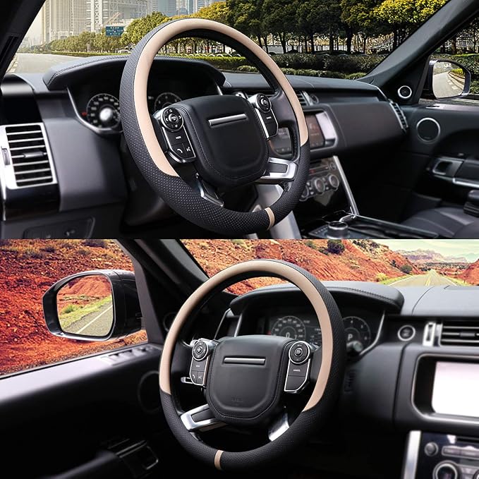 COFIT Breathable Car Steering Wheel Cover 16 inch Auto Universal Leather Wrap Non-Slip Steeringwheel Protector Automotive Interior Accessories, Beige (Suit for 15.5-16 inch)