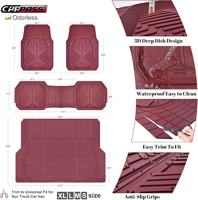 CAR PASS Heavy Duty Rubber Car Mats with Cargo Liner, Deep-Dish Car Floor Mats and Trunk Mat All Weather, Universal Trim-to-Fit for SUVs Trucks Sedans, Waterproof Anti-Slip, Trimmable V12 Burgundy